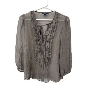 Gap Silk Ruffle Button Front Sheer Blouse Women Small Tie Neck 3/4 Sleeve Office